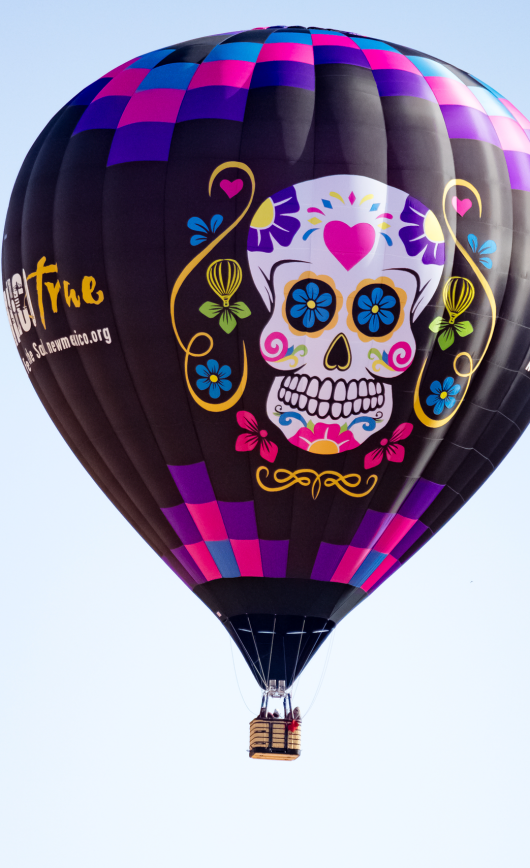 The New Mexico True balloon features a sugar skull