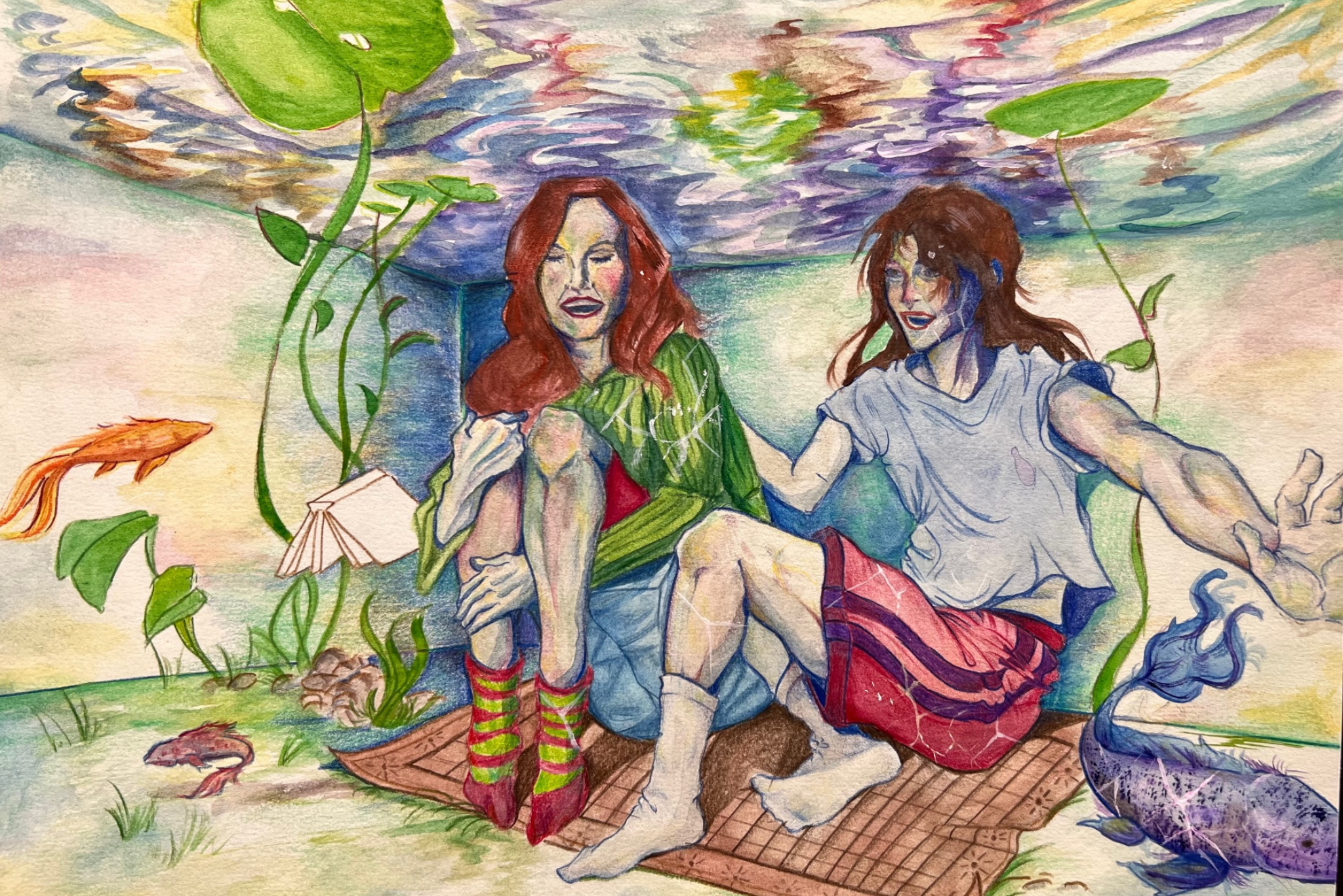 drawing of two teens inside a koi pond