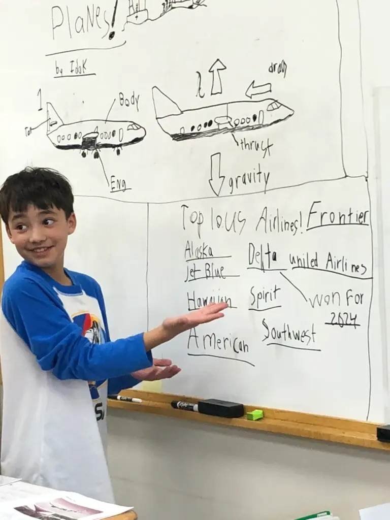 Idak Fierro shares his personal interests in planes at the white board during a typical day at May Center. Idak Fierro shares his personal interests in planes at the white board during a typical day at May Center.